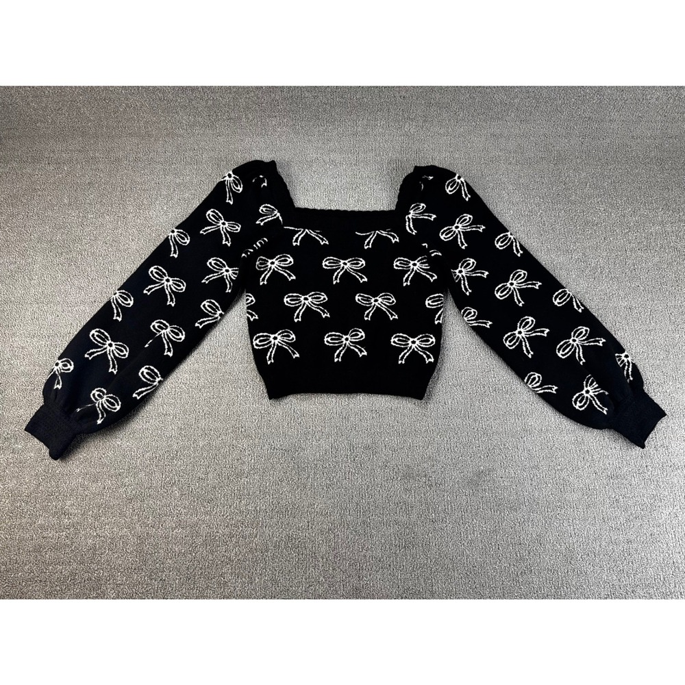 Willow & Wind Sweater Medium Black White Bow Print Cropped Puff Sleeve Knit NEW